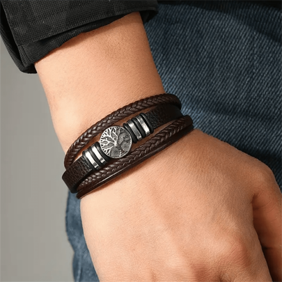 1 pieza Pulsera de PU con cierre magnético creativo, pulsera trenzada con dije de árbol de la vida de metal, pulsera multifuncional para hombres, regalo del Día del Padre
