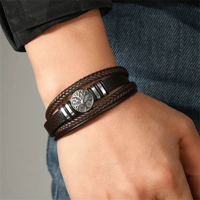 1 pieza Pulsera de PU con cierre magnético creativo, pulsera trenzada con dije de árbol de la vida de metal, pulsera multifuncional para hombres, regalo del Día del Padre