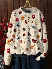 Plus Size Crew Neck Long Sleeve All-Over Pattern Casual Pullover Sweater, For Winter - Apricot - View 2