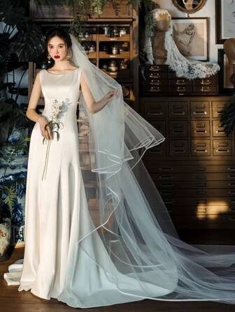 1 件女士短/长/拖地白色头纱，双层边缘网眼新娘头纱，适合婚礼、派对、角色扮演、摄影、优雅复古风格，长度 80-130-300 厘米，女士短拖地头纱秋装