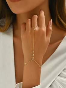 1 件女士不锈钢金色串珠圆形锆石装饰全指戒指时尚珠宝，18K 镀金 - 金色 - 查看 3