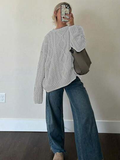 FOR BEAUTY Autumn And Winter New Round Neck Twisted Flower Long Sleeve Knitted Sweater Tops Women Loose Light Gray Simple Fashion Commuting Style Women's Sweater Light Gray Long Sleeve Casual Lazy Style Warm Top New Year