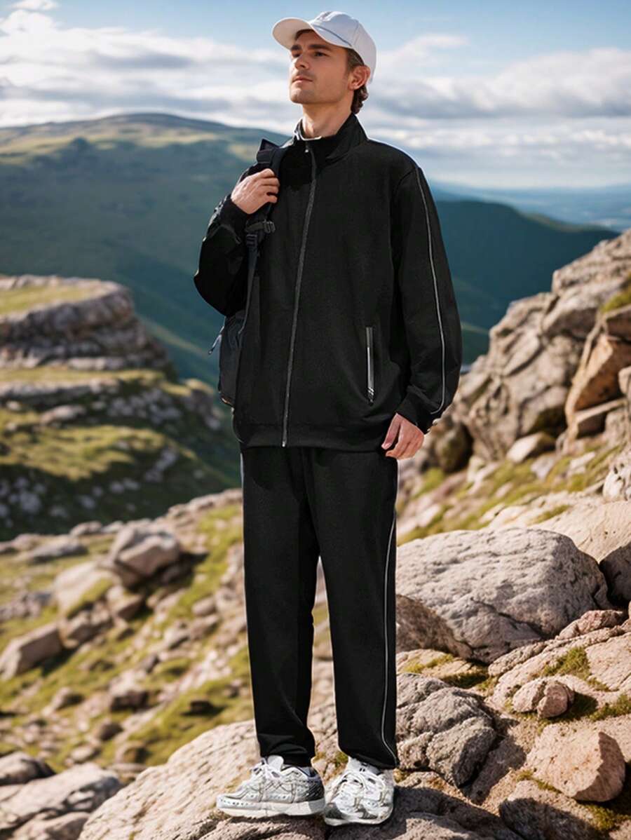 Autumn Outdoor Recreation Casual Suit Boyfriend Style Men, Reflective Strip Decorated Sports Tracksuit Boyfriend Style Men, Fashion Versatile Sweatshirt Sweatshirt Set, Suitable For Outdoor Hiking & Daily Home Wear - Black - View 1