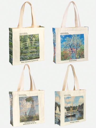 Claude Monet Water Lilies And Japanese Bridge Oil Painting Art Canvas Tote Bag For Women Girl Reusable -Friendly Tote Bag Foldable Large Capacity Leisure Shopping Bag