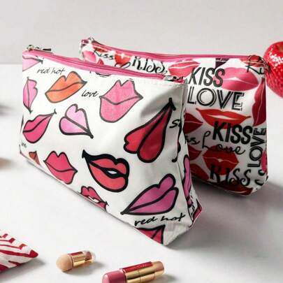 1pc Water-Resistant Printed Cosmetic Bag, Lipstick Print Bag, Bathroom Storage Bag, Travel Organizer Bag, 2 Colors