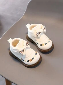 1 Pair Girls Bowknot PU Leather Embroidered Thermal Lined Warm Boots, Suitable For Autumn/Winter - Beige - View 4
