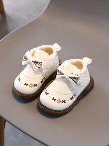 1 Pair Girls Bowknot PU Leather Embroidered Thermal Lined Warm Boots, Suitable For Autumn/Winter - Beige - View 2