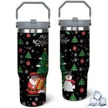 30oz Stainless Steel Tumbler - Christmas Tree And Snowman Print, Handle, Non-Slip, Insulates Hot And Cold, Great For Christmas, New Year, Birthday Gifts,9.4"*3.5"*2.7"