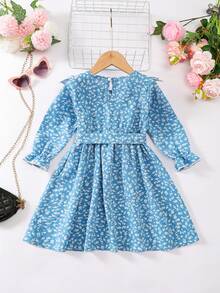 Váy suông họa tiết hoa dệt kim đơn giản cho bé gái mùa thu và xuân - Màu xanh lam - Xem 10