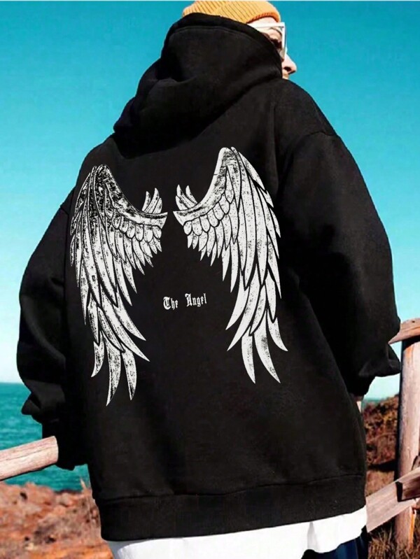 Plus Size Men's Angel Wings English Graphic Drawstring Hooded Casual Sweatshirt