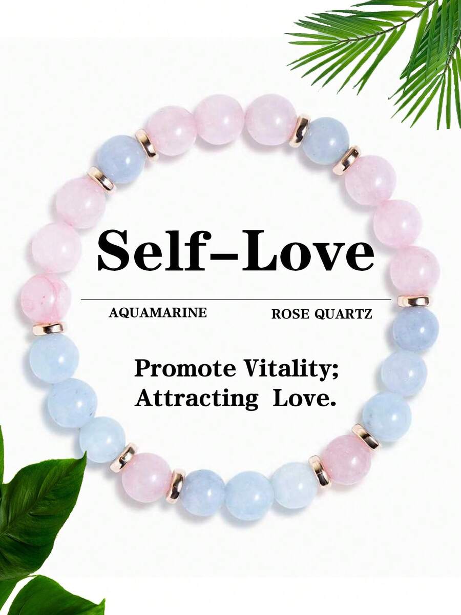 8 毫米海蓝宝石和玫瑰石英“温柔的爱”女士手链，勇气与和谐精神珠宝 - 平静、增强直觉、爱 - 彩色 - 查看 1