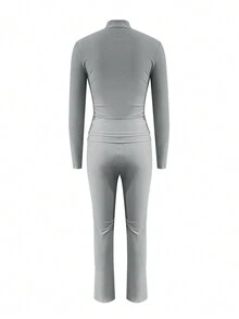 LovelyWholesale 女式休闲立领长袖拉链基本款裤子套装