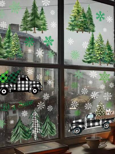 134pcs/Set Christmas Pine Forest Window Stickers, Christmas Snowflake Decals, Static Snowflake Pine Tree Stickers, For Household, Shop Window, Holiday Decor