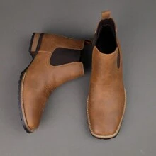 Herren Retro bestickte Outdoor Chelsea Knöchel Stiefel, dicke Sohle quadratische Zehenkappe Klotz Absatz Western Stil Chelsea Stiefel, einfaches & modisches vielseitiges Slip-On Design