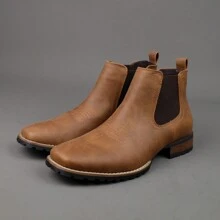 Herren Retro bestickte Outdoor Chelsea Knöchel Stiefel, dicke Sohle quadratische Zehenkappe Klotz Absatz Western Stil Chelsea Stiefel, einfaches & modisches vielseitiges Slip-On Design