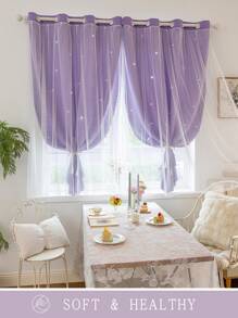 2pcs/Set Panel Curtains - Beige Solid Curtains With Laser Cut Star Holes To Darken Room, Suitable For Bedroom, Decor Home Curtain For Girls Room, Living Room