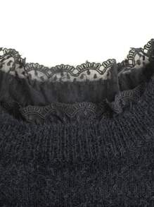 Women Knitted Sweater, Round Neck, Lace Patchwork, Fuzzy, Solid Color, Elegant Casual Wear, Long Sleeve, Spring/Autumn Black - Black - View 3