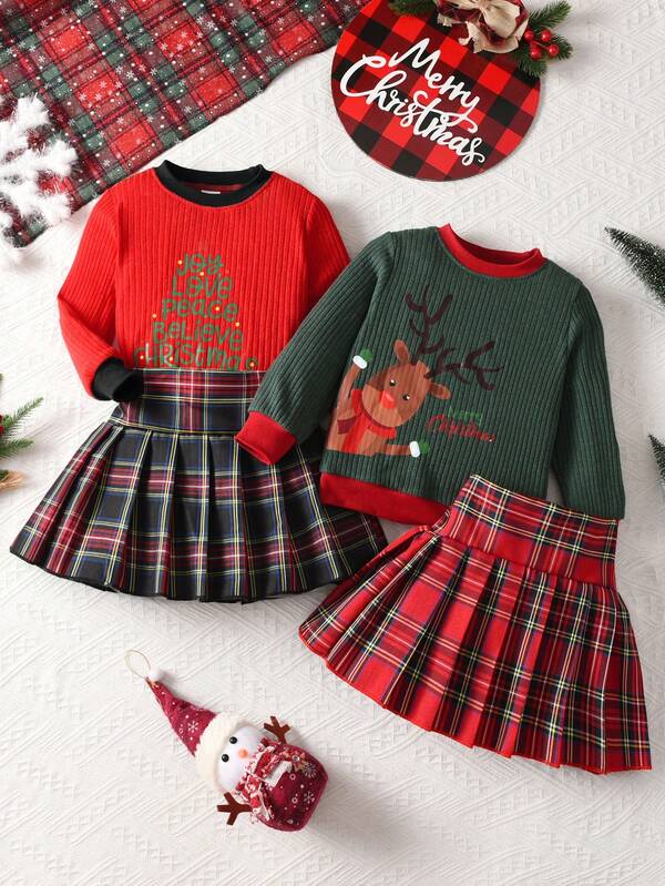 2 sztuki/zestaw Dziewczęcy modny świąteczny wzór jelenia Długi rękaw Top i plisowana spódnica w kratę Strój, swobodna sukienka na zewnątrz
