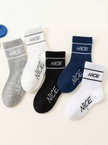 5 pares de calcetines para niños/niños de media pantorrilla con patrón de líneas "NICE" en negro, blanco, gris, azul marino, elásticos y con costillas altas, cómodos y versátiles, con estilo deportivo y universitario clásico, para usar en primavera, verano, otoño e invierno, para niños y niñas