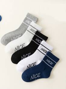 5 pares de calcetines para niños/niños de media pantorrilla con patrón de líneas "NICE" en negro, blanco, gris, azul marino, elásticos y con costillas altas, cómodos y versátiles, con estilo deportivo y universitario clásico, para usar en primavera, verano, otoño e invierno, para niños y niñas