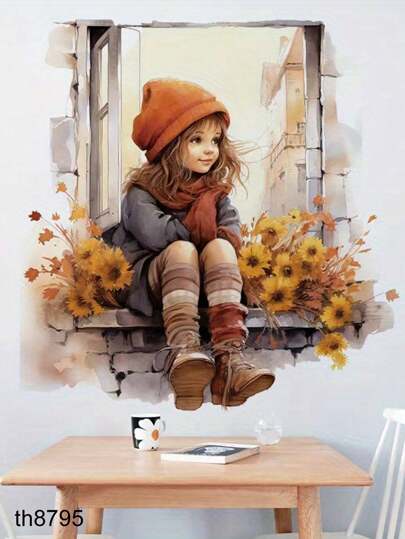 1pc 3D Self-Adhesive Little Boy/Girl Window Wall Decoration - Contemporary Style, Self-Adhesive Peel And Stick PVC Wall Sticker, 17.71'' Removable Flower Cluster Pattern Bathroom Decals, For Bedroom, Living Room, Foyer Home Decoration