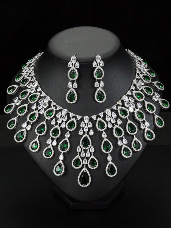 طقم مكون من قلادة وأقراط مرصعة بالزركونيا الفاخرة والأوروبية الضخمة ، مجوهرات زفاف ، زينة قطرة لفساتين السهرة الرسمية