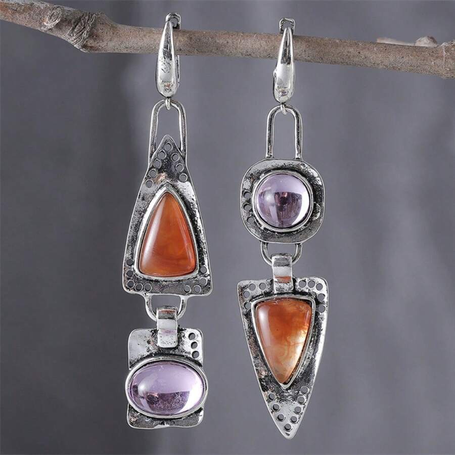 Hoa tai mặt dây chuyền hình tam giác và hình vuông cổ điển, Hoa tai đinh tán tông màu tím cam cổ điển bất đối xứng độc đáo - Nhiều màu - Xem 1