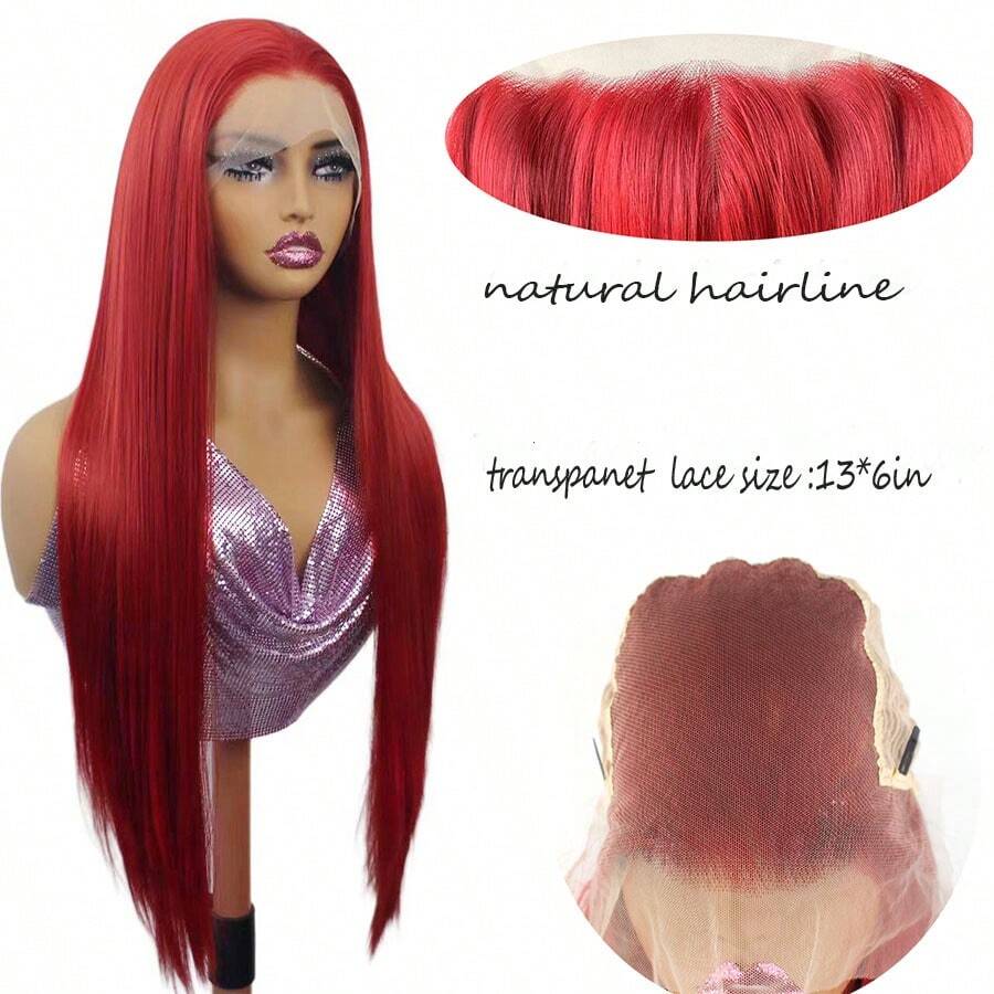 Tóc giả dài thẳng mượt màu đỏ sẫm chịu nhiệt sợi 13*6 ren phía trước bằng sợi tổng hợp chịu nhiệt cho người 26in màu đen cosplay hoặc halloween