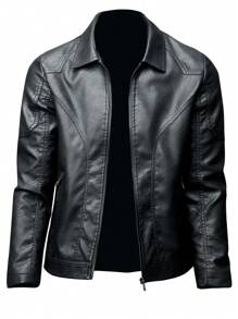 Non-Stretch Regular Fit Men's Casual Hooded Leather Jacket With Zipper, Solid Color, Polyester Fiber, Pockets - GSON Style
