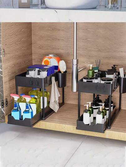 1 set Organizer sotto il lavandino, cestini scorrevoli a 2 ripiani, cassetti organizer e portaoggetti sotto il lavandino per bagno e cucina, con ganci e cassetti estraibili sul fondo, accessori per la cucina