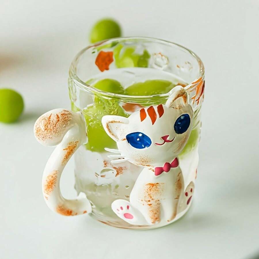 Cute Cat Glass Mug With Handle, Cartoon Drinking Water Cup, Highly Attractive Household Breakfast Cup, Nice Gift