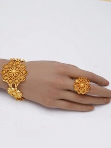 1 Set (2 piezas de aretes, 1 pieza de anillo, 1 pieza de brazalete, 1 pieza de collar) de aleación de cobre bañado en oro de 24K con diseño exagerado de estilo nupcial de Medio Oriente y Dubai para mujeres