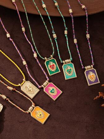 1Pc Boho-Chic Pendant Necklace With Heart Charm, Hand Woven Colored Rope, Perfect For Casual Attire, Travel, Beach Outings, Valentine's Day Gift,Mom,Mother,Mother's Day,Gift