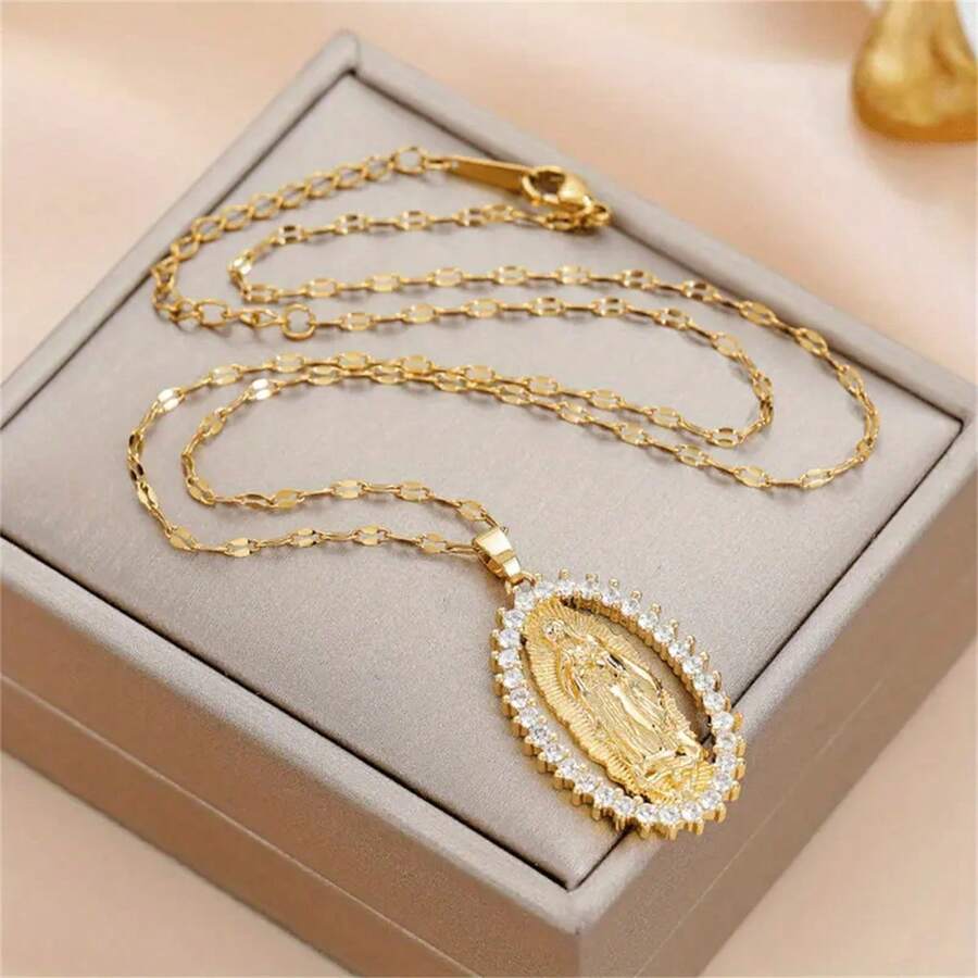 时尚圣母玛利亚几何吊坠项链 - 适合派对和活动，时尚合金配饰 - 金色 - 查看 1