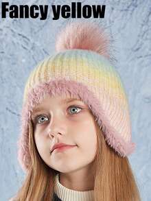 1pc 3-12Y Toddler Kids Boys Girls Wool Lined Knitted Winter Hat With Ear Flaps, Girls Sherpa Ear Flap Hat, Children Winter Beanie, Knitted Ski Pompom Cap Suitable For Boys & Girls