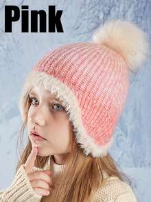 1pc 3-12Y Toddler Kids Boys Girls Wool Lined Knitted Winter Hat With Ear Flaps, Girls Sherpa Ear Flap Hat, Children Winter Beanie, Knitted Ski Pompom Cap Suitable For Boys & Girls