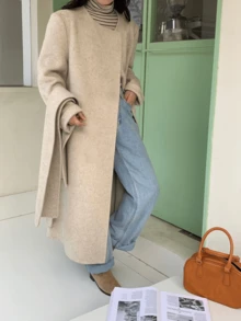 Detachable Scarf Collar Long Reversible Coat, Winter Jacket - Maroon - View 2