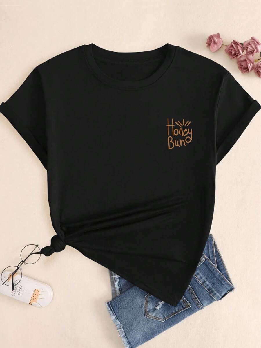Honey Bun Freedom Women's T-Shirt Printed Casual Cotton Short Sleeve Comfort - 黑色 - 查看 1