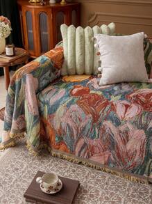 1pc Multipurpose Throw Blanket/Sofa Cover/Nap Blanket/Wall Hanging, With Tasseled Edges, Vintage Oil Painting Style, Suitable For Bedroom, Sofa, Office, Home Decor
