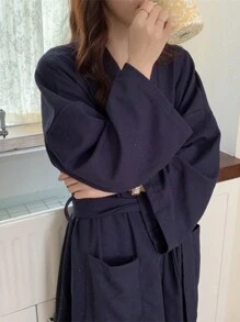 Unisex Plush Bathrobe, Comfy Loungewear, Thick & Absorbent, Loose Fit, With Waistbelt & Pockets, Suitable For Autumn/Winter, Couples Bath Robe Back To School