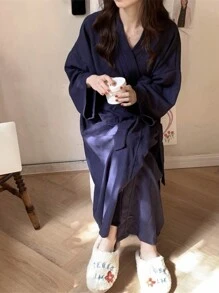 Unisex Plush Bathrobe, Comfy Loungewear, Thick & Absorbent, Loose Fit, With Waistbelt & Pockets, Suitable For Autumn/Winter, Couples Bath Robe Back To School