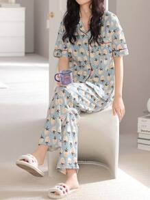 2024 New V-Neck Strawberry Print Blue Short Sleeve T-Shirt And Pants 2pcs Loungewear Set For Women