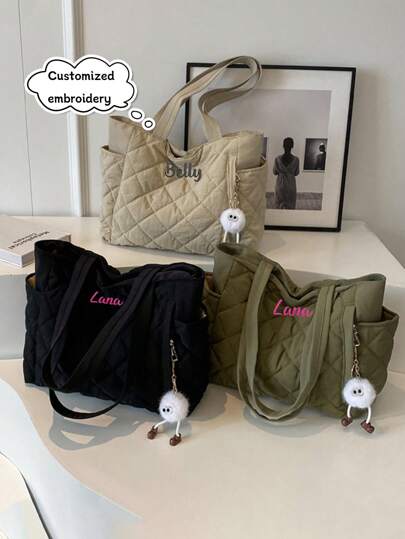 1pc Embroidered Customized Text Winter New Quilted Tote Bag, Commuting & Shopping Shoulder Bag, Fashionable Rhombus Pattern Large Capacity Solid Color Casual Bag, Gift For Friends, Mothers For New Year And Christmas Tote Bags For Women & Tote Bag, School Supplies, For Teacher, For Boys And Girls, For Teenagers, Junior High School Students, Middle School Students, High School Senior High School Students, College Students, University Students, Freshman, Sophomore, Underclassmen,Delicate Romance, Bags & Luggage,Customized Women Shoulder Bags