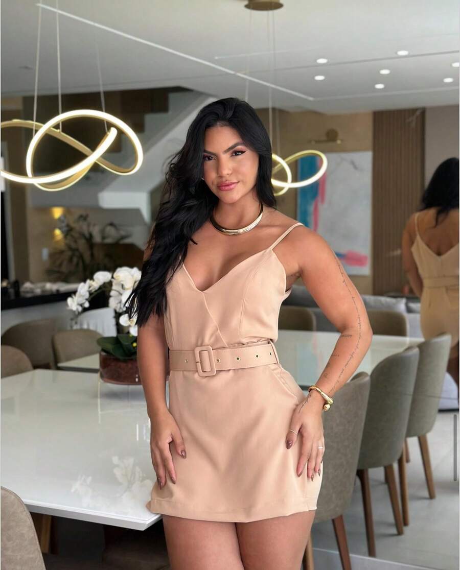 Women's Short Jumpsuit With Thin Straps, Elegant With Belt And Padded Bra - Màu be - Xem 1