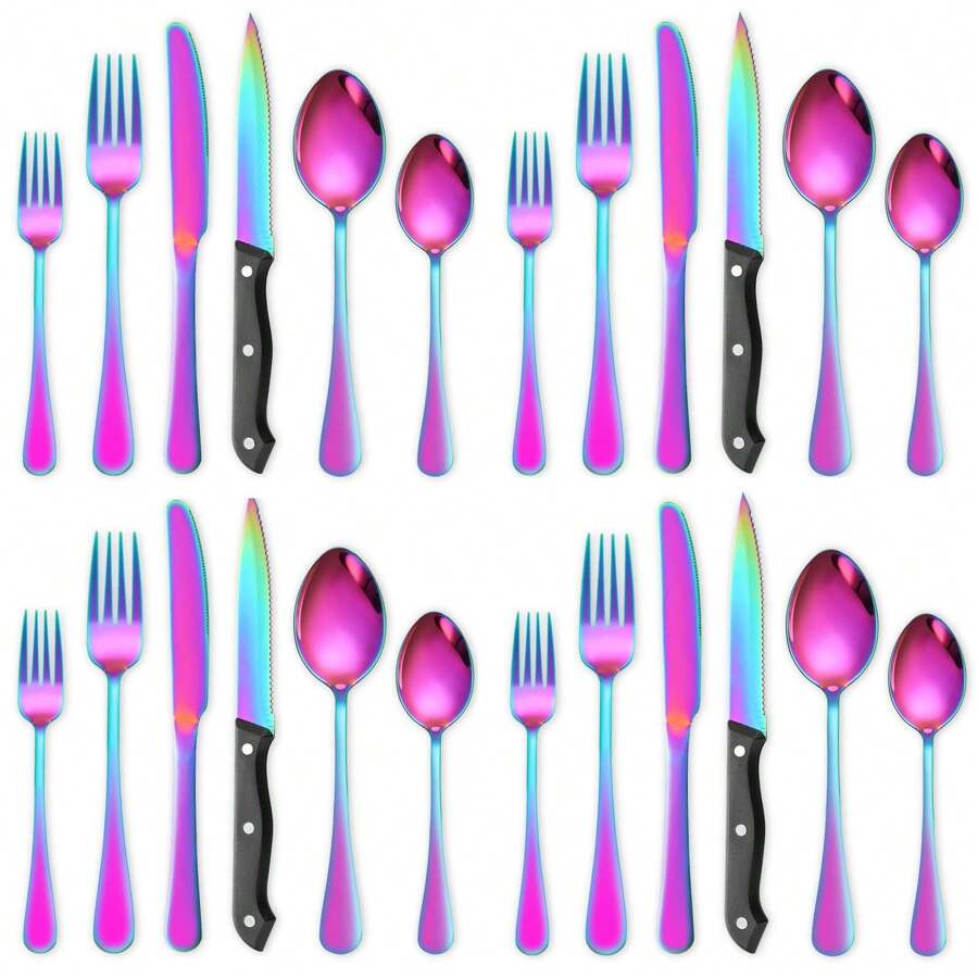 24 Piece Colorful/Black Flatware Set With 4 Steak Knives - Stainless Steel Flatware Set For Home, Parties And Restaurants - Silver Flatware Set, Dishwasher Safe, Mirror Polished Flatware Set With Dinner Knives X 4, Steak Knives X 4, Dinner Spoons X 4, Dinner Forks X 4, Dessert Spoons X 4, Dessert Forks X 4, Flatware Set For 4 People - 炫彩 - 查看 1