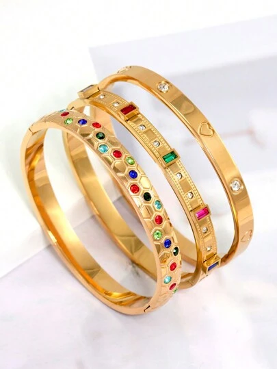 时尚 18K 镀金不锈钢蜂窝和心形设计手链，适合女性日常佩戴，彩色宝石，欧美风格，生日、休闲派对、婚礼珠宝礼物情人节