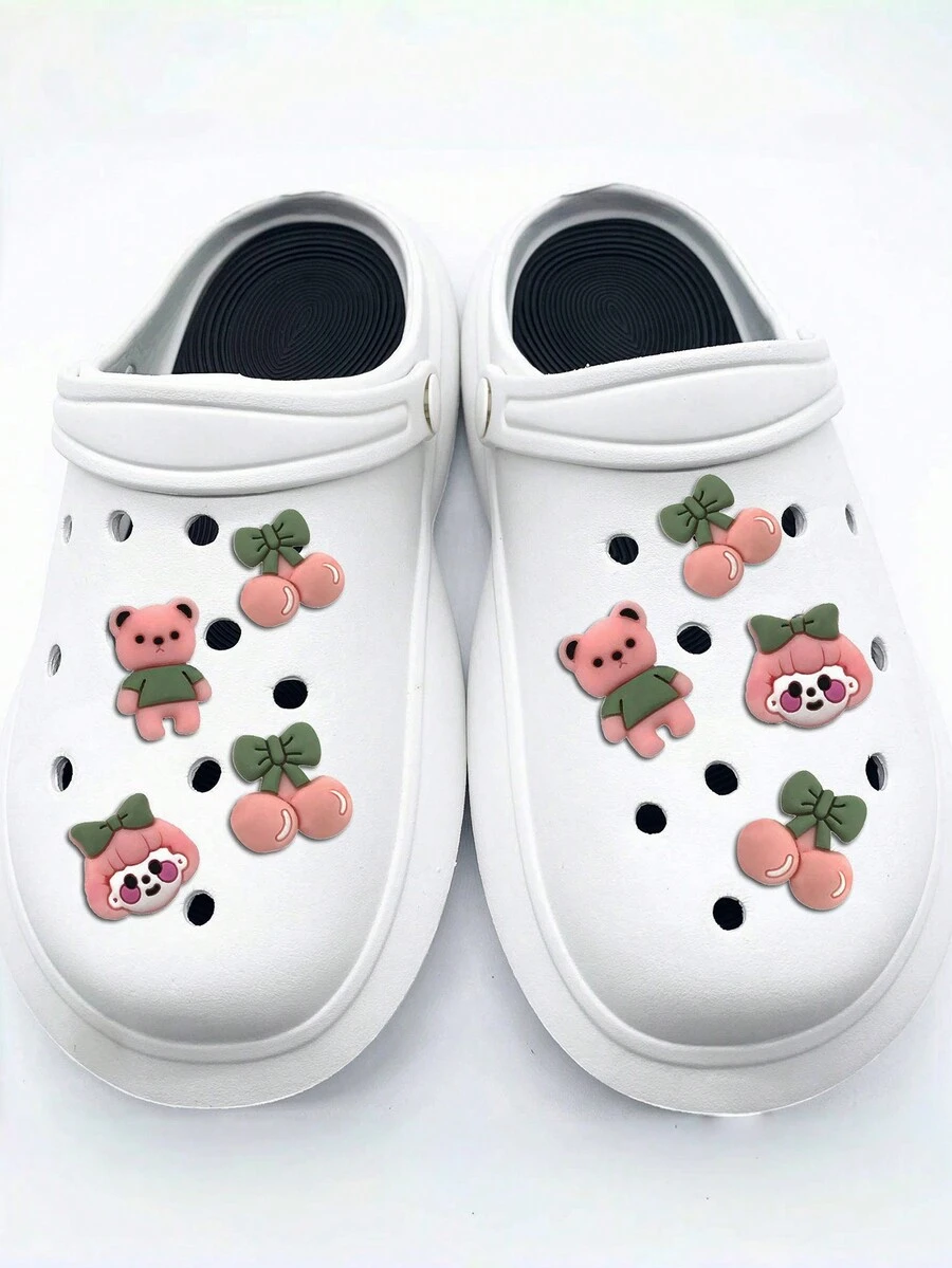 Bộ 8 chiếc/bộ phụ kiện giày hình gấu anh đào phong cách Pink Girl, phù hợp với giày gỗ và dép xăng đan đi biển - Hồng - Xem 1