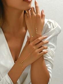 1 件女士不锈钢金色串珠圆形锆石装饰全指戒指时尚珠宝，18K 镀金 - 金色 - 查看 1