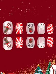 24 件方形圣诞短指甲，圣诞装饰美甲礼物，适合女士和女孩，雪花圣诞树姜饼人糖果图案设计，全覆盖可重复使用的按压指甲，假指甲贴纸 - 紅色 - 查看 2