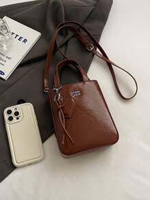 1pc Women Solid Color PU Leather Zipper Closure Handbag, Suitable For Dates And Gifts - Brown - View 3